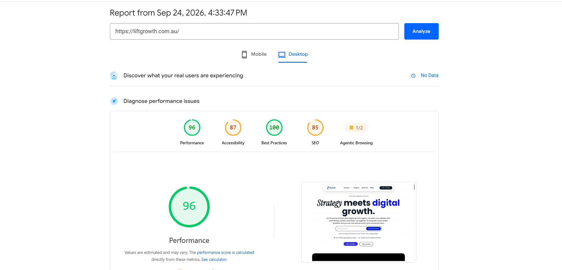 PageSpeed Insights results for Lift Growth